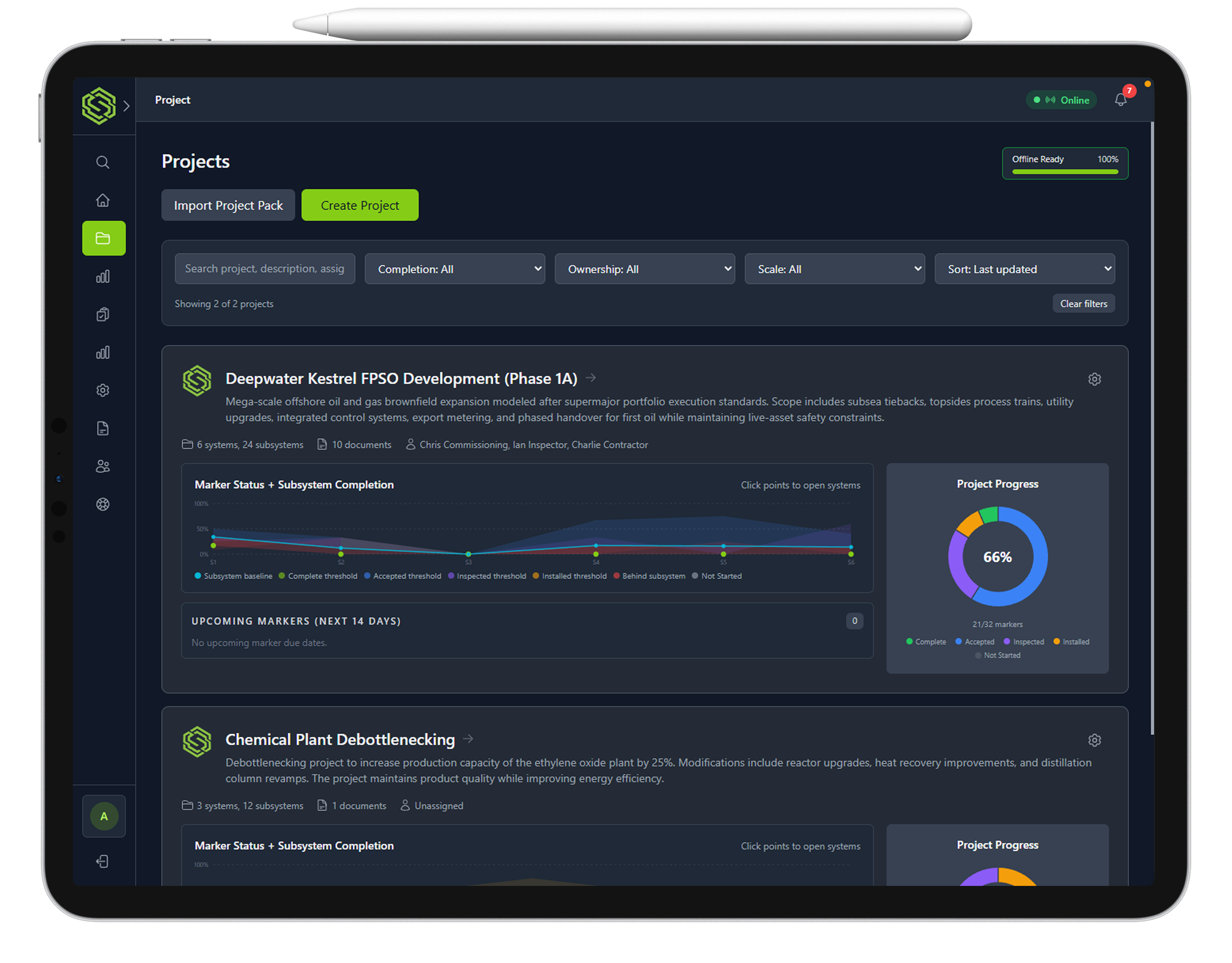 Axiom project list on tablet
